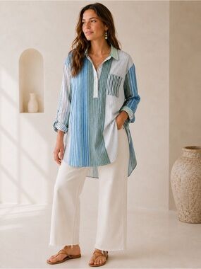 Maeve By Anthropologie Vertical Stripe Quarter Button Split Hem Flowy Tunic Top